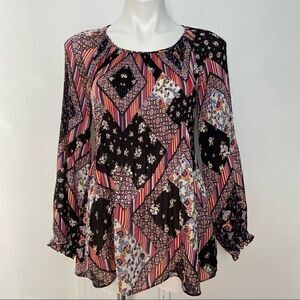 Melissa Paige Mixed Print Boho Ruffle Sleeve Top